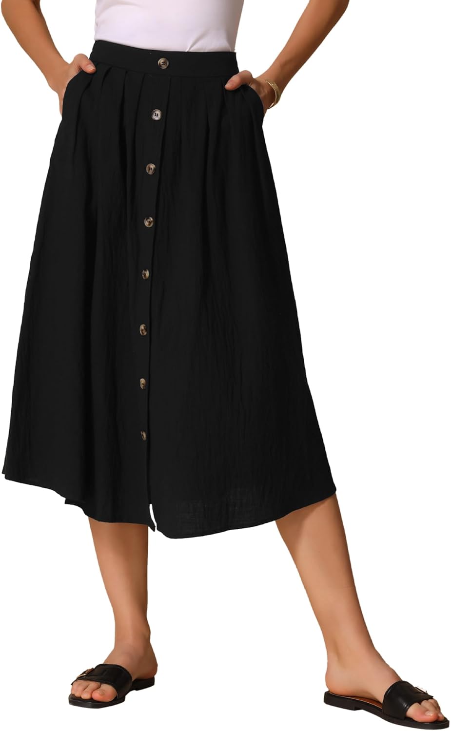 Allegra K Cotton Midi Skirt for Women's Summer Casual Button Decor Elastic Waist A-Line Skirts with Pocket