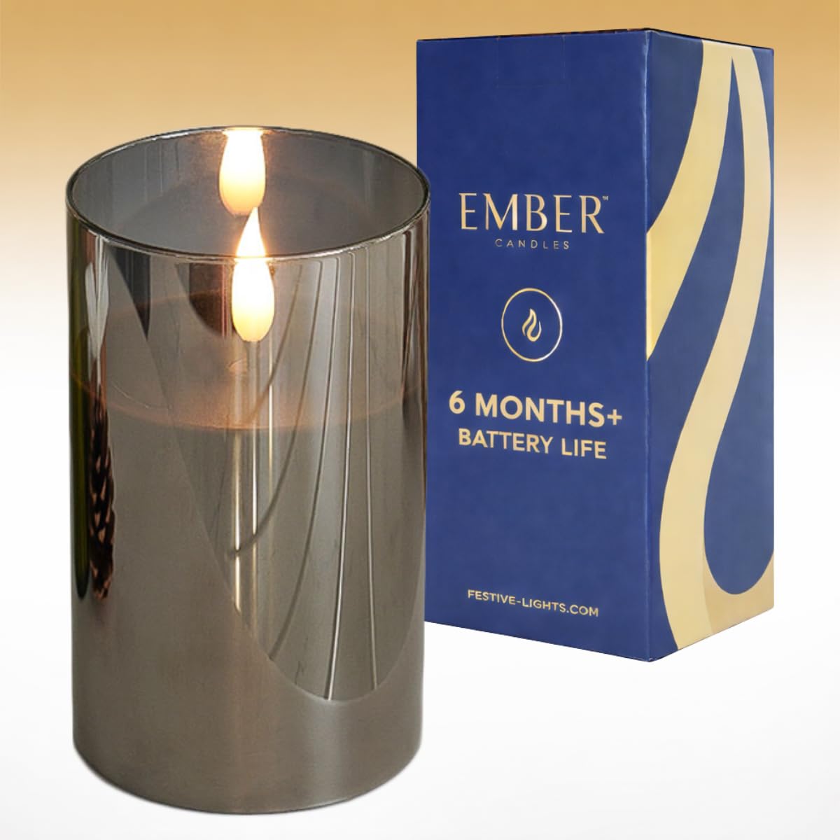 Ember Candlesβ’ 12.5cm Hurricane Smoked Glass Black LED Flickering Battery Candle β 100% Real Wax, Ultra-Realistic, Flameless, Hand-Poured Design, 6-Hour Timer for Indoor Use (Without Remote Control)