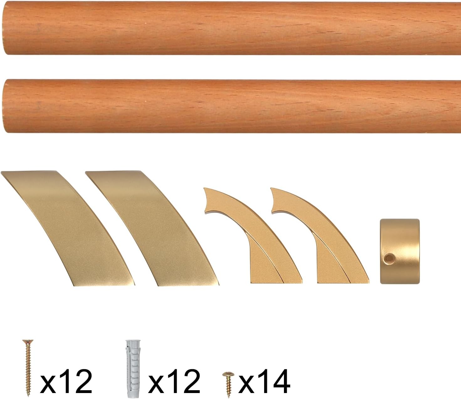 HouseAid 6.9 ft Wood Handrail for Indoor Stairs, Solid Beech Stairs Handrail with Gold Metal Alloy Brackets, Upgraded 1-3/5” Round, Wall Mounted