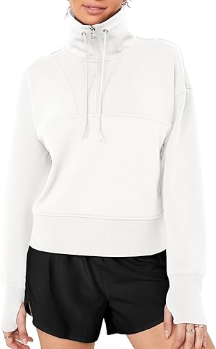 Sudadera casual de manga larga con media cremallera para mujer, cuello alto falso, cordón para el pulgar, con bolsillos