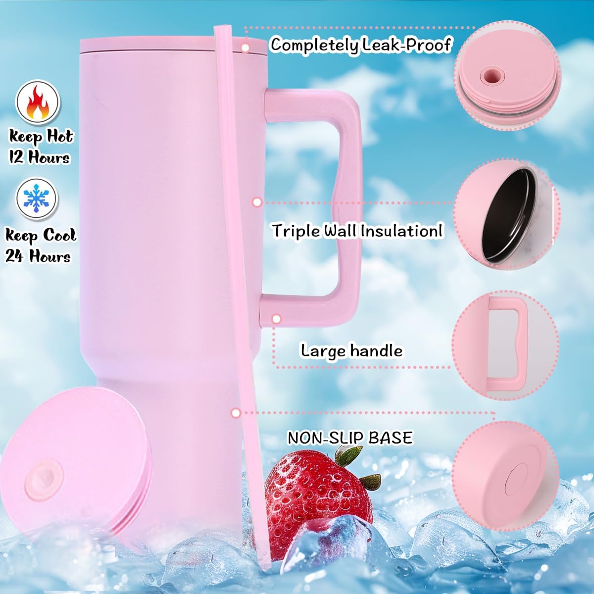 40 oz Tumbler with Handle Lid and Straw & 40 oz Tumbler Accessories - Vacuum Insulated Stainless Steel Double Wall Water Bottle with Strap Bag - Holiday Gifts for Women Men(Pink)