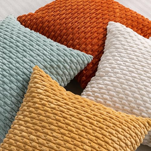 Set of 4 Yellow Rust Aqua Decorative Throw Pillow Covers 18x18 Inch Corduroy Pillow Covers for Bed Couch Sofa Living Room Soft Square Cushion Cases