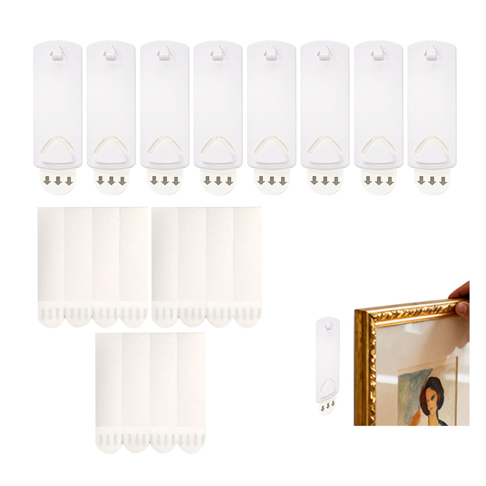 Ceoxthao White Heavy-Duty Picture Hangers For Sawtooth And Wire Frames, No Nails Picture Hanging Strips, Picture Hanging Kit, Heavy Duty Strips – 8 Damage-Free Adhesive Wall Hooks With 12 Large Removable Strips