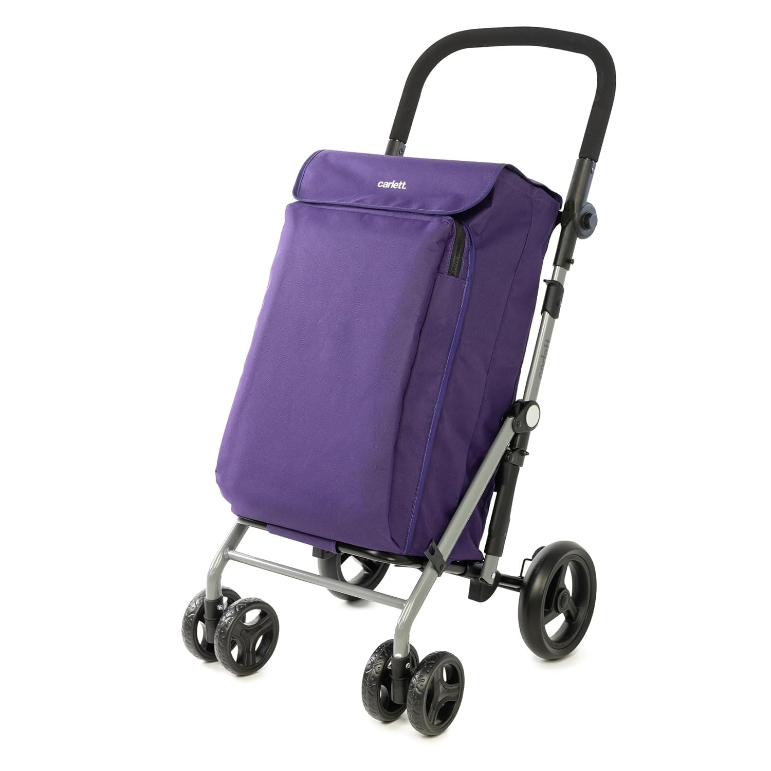 Carlett Chariot de Courses 4 Roues Pliable, Sac Amovible Grande Capacité 58 L / 32 kg et Sac Isotherme 12 L, Poignée Réglable, Frein de Sécurité, Convertible en 2 Roues, Lite Family, Violette
