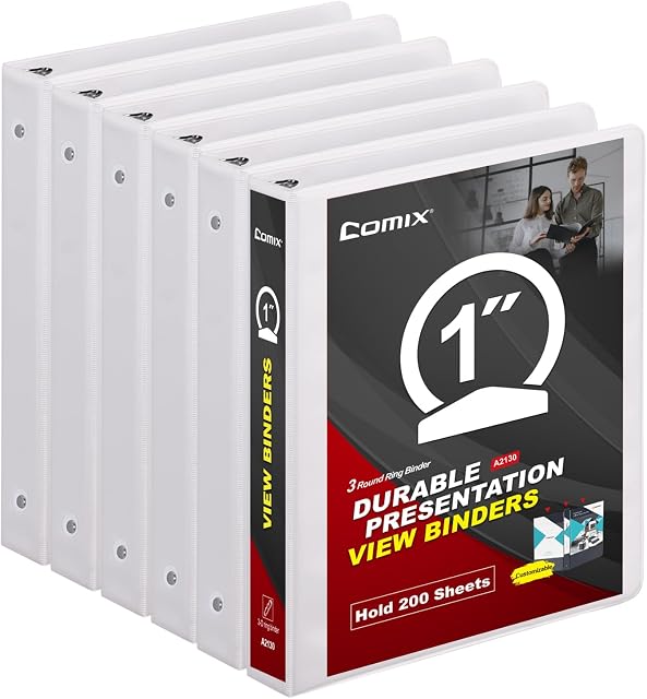COMIX Sturdy 3 Ring Binder 1 inch with Clear View Cover, 1" Round Ring View Binder, PVC-Free, 200 Sheets Capacity of US Letter Size Paper, Office & School Supplies, 6 Pack (White)