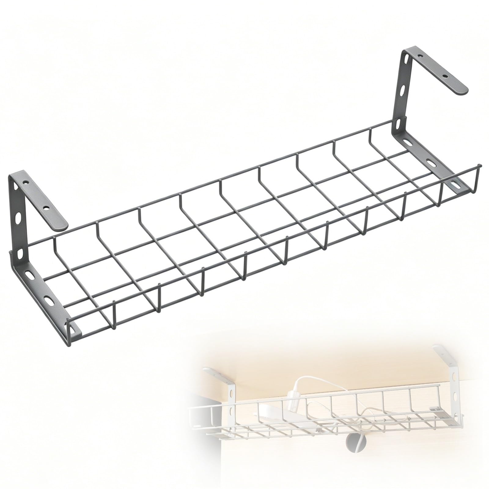 Organizator Kabli pod Biurkiem, Udźwig 10kg+, Szer. 18cm, Wys. 15cm, do Biurka Domowego(Gray,58cm/23in)