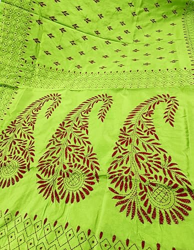 Image of SHRISTI CLOTHINGS Women's Hand Embroidered Cotton Silk Kantha Stitch Saree with Blouse Piece (SB430324 LIGHTGREEND19)