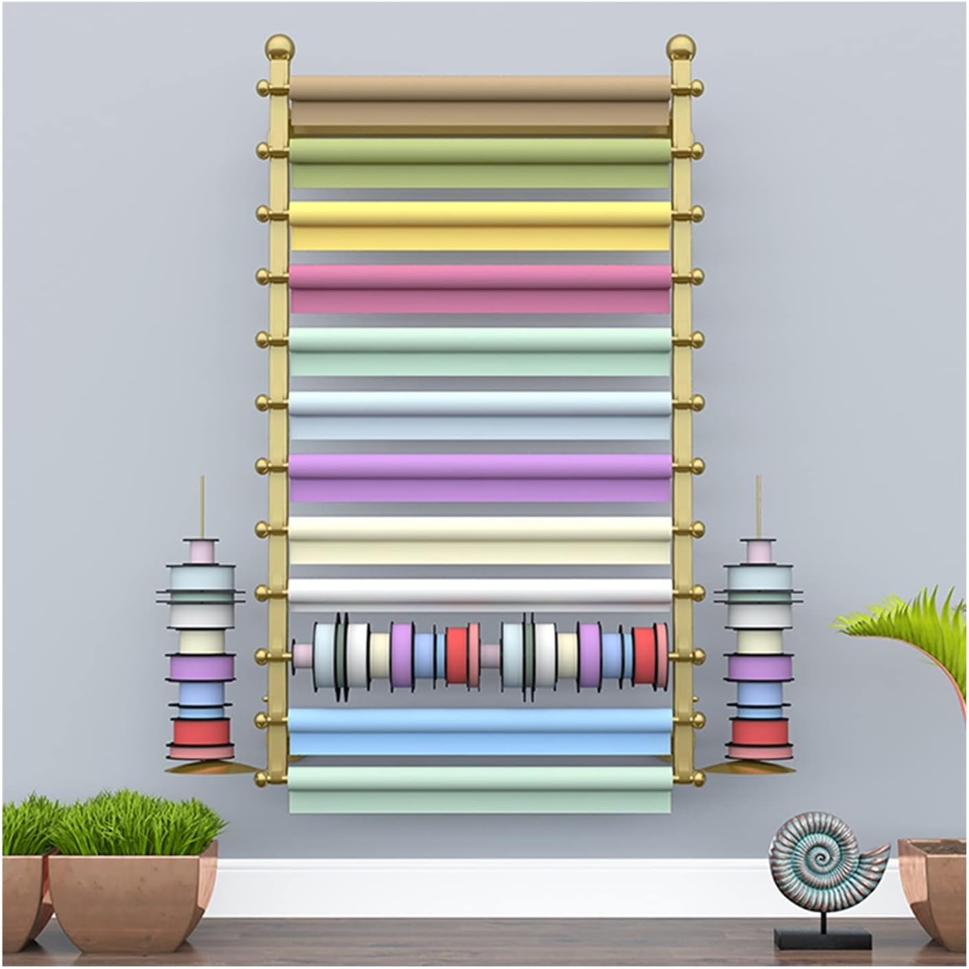 12-Tier Wall Mounted Storage Shelves - Versatile Craft Ribbon & Spool Organizer for Gift Shop, Wallpaper, Scarves & Cellophane - Ideal for Flower Wrapping Display & Home Organization