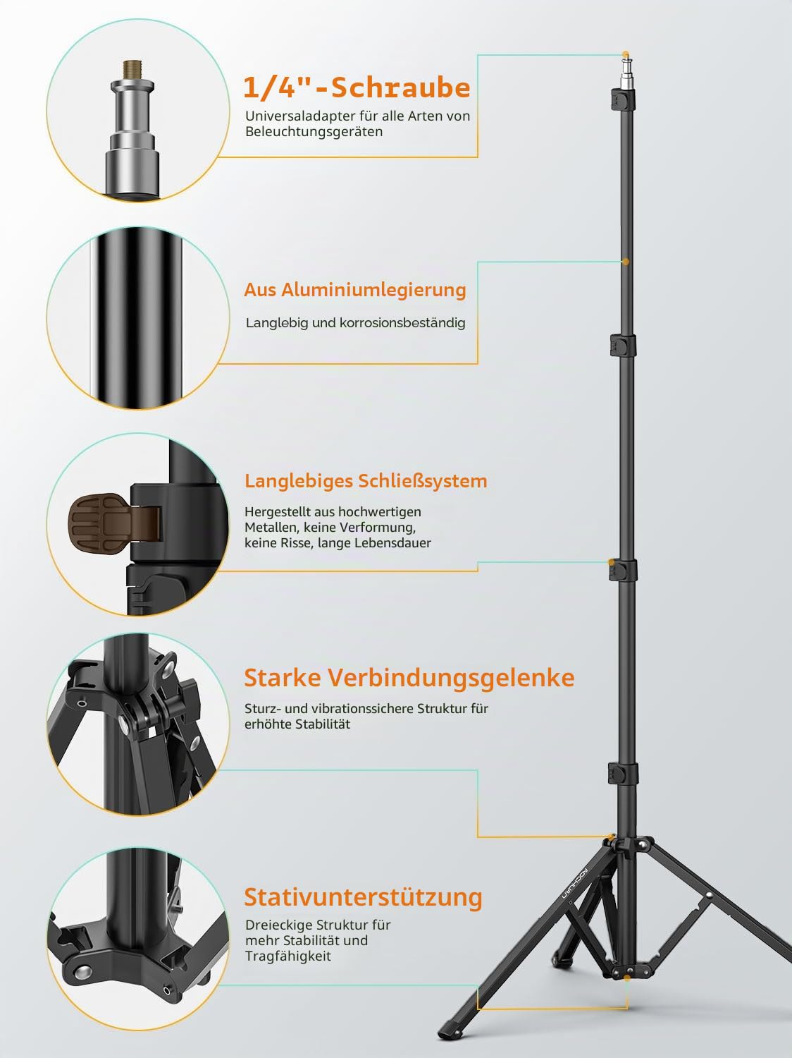 AOCHUAN Komplettes Kamerastativ für Smartphones, Kamera-Gimbal-Stabilisatoren, mit 0,44 m ~ 1,7 m Aluminium-Legierung, Beleuchtungsständer (T20), 1,7 m