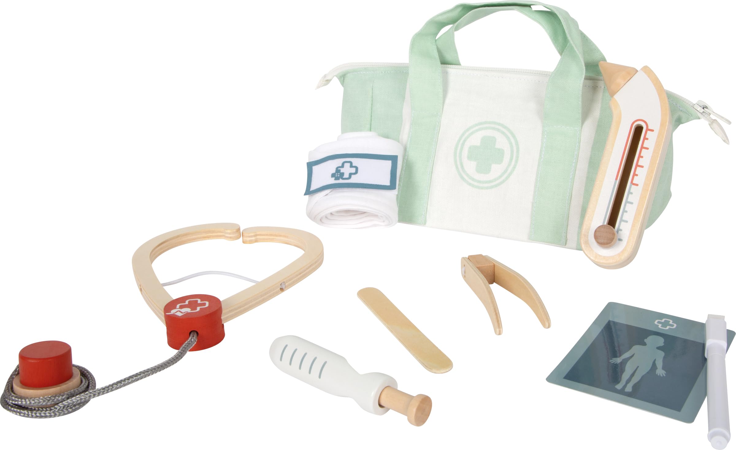 small foot Doctor's Bag Play Set Sage Green, 9-piece set w/stethoscope, syringe, thermometer, fabric bag, for ages 3+, 12739