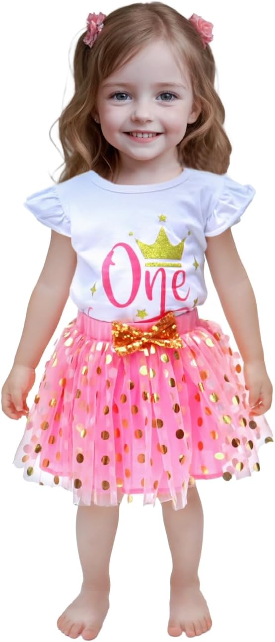 Baby Girl 1st/2 Birthday Outfits with Sequins Bowknot Headband ONE Cotton Romper TuTu Skirt Set
