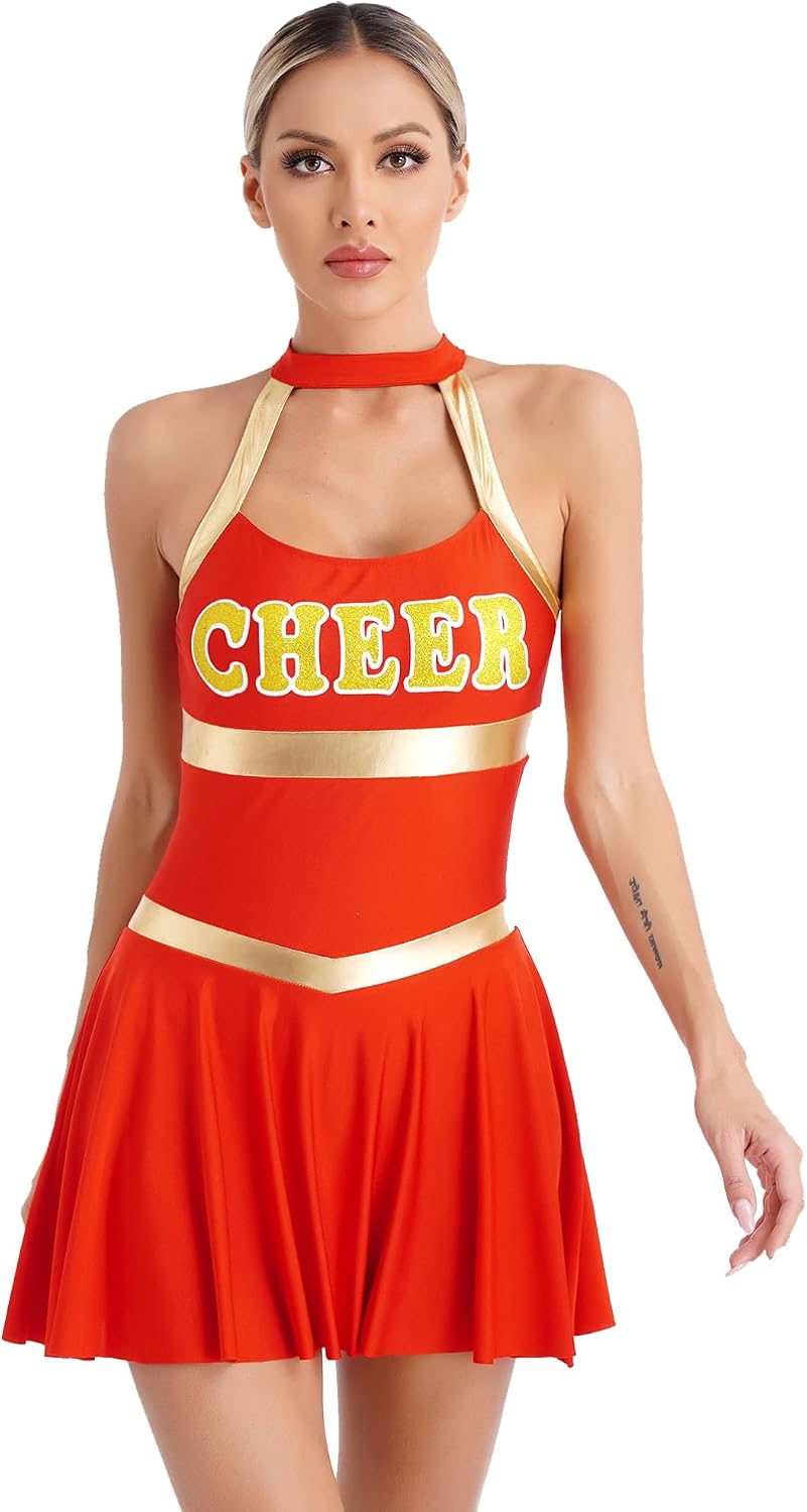 YiZYiF Women Cheer Leader Costume Uniform Cheerleading Adult Dress Outfit Pleated Pleated Dress