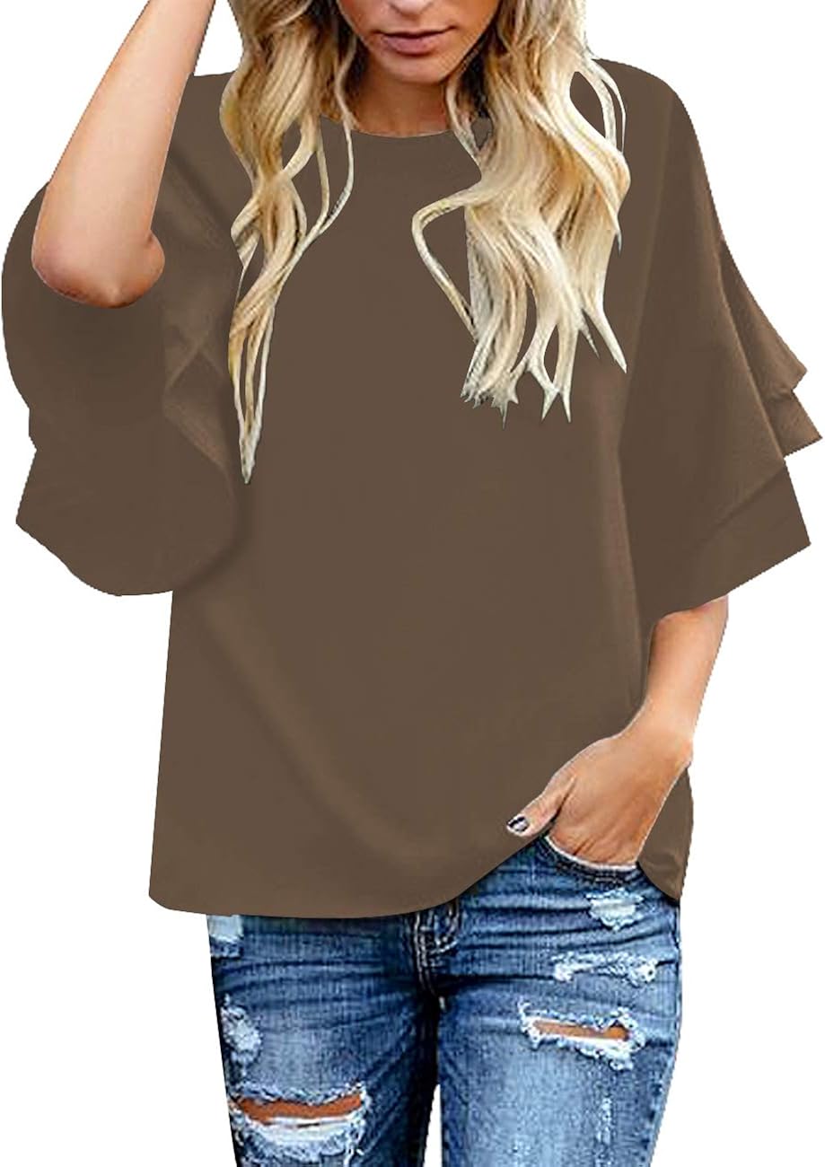 luvamia Women's Casual 3/4 Tiered Bell Sleeve Crewneck Loose Tops Blouses Shirt at  Women’s Clothing store