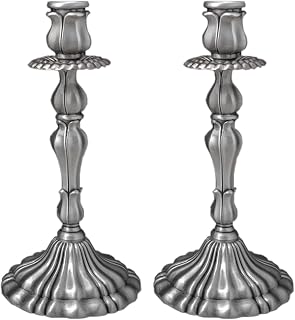 Taper Candle Holders, Vintage Embossed Candlesticks with Sleek Electroplated Finish, Modern Decorative Candle Holders for Dining Table, Party, Home Decor, Set of 2 (Antique Pewter)