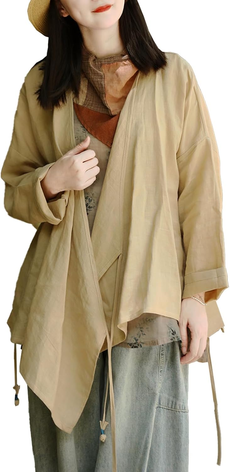 Women's Ramie Wrap Kimono Cardigan Long Sleeve V Neck Vintage Hanfu CostumeTraditional Asian Style Shirt Top