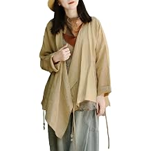 Womens Ramie Wrap Kimono Cardigan Long Sleeve V Neck Vintage Hanfu CostumeTraditional Asian Style Shirt Top