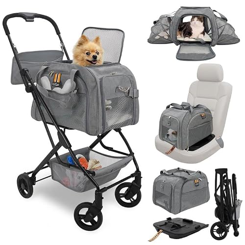 MY DUQUE - CARRY TRIO 3 in 1 Pet Travel Set, Carrier - Car Seat with Isofix - Stroller Compact Fold, Max Load 12kg/26.5lb. To Fly, To Ride, To Carry All in One. Color Grey