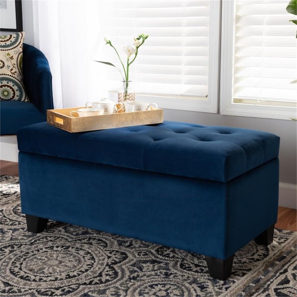 BOWERY HILL Velvet Upholstered Storage Ottoman, Navy Blue, Button-Tufted Foam Padding, Lift-Up Storage Compartment, 35.75" Wide, Modern Black Wooden Feet, Bedroom, Entryway, or Guest Room Furniture