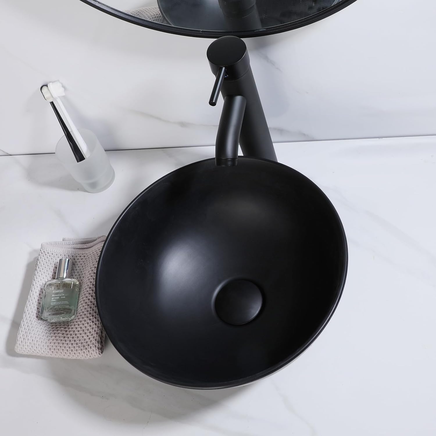 13” Bathroom Sink Stone Resin Vessel Sink with Faucet and Pop-up Drain Combo Round Bathroom Vessel Sink Black Bathroom Sink Above Counter Small Bowl