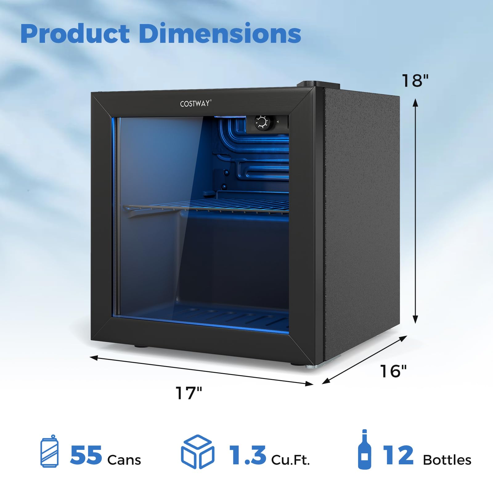 COSTWAY Beverage Refrigerator Cooler, 1.3 Cu. Ft. 12 Bottles 55 Cans Mini Fridge With Tempered Glass Door, Removable Shelf & Adjustable Temperatures, Compact Drink Cooler For Wine, Beer & Soda on Fridge.com - View 3