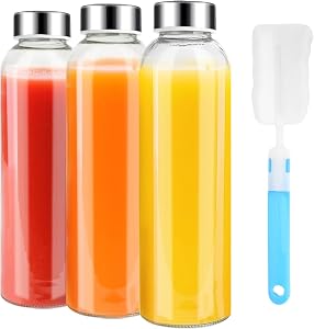 Luxfuel 18 oz Glass Water Bottles with Lids, 3 Pack Reusable Clear Glass Juice Bottles with Stainless Steel Lids for Juicing, Smoothies, Milk, Iced Tea & Ginger Shots, Leak-Proof, BPA-Free