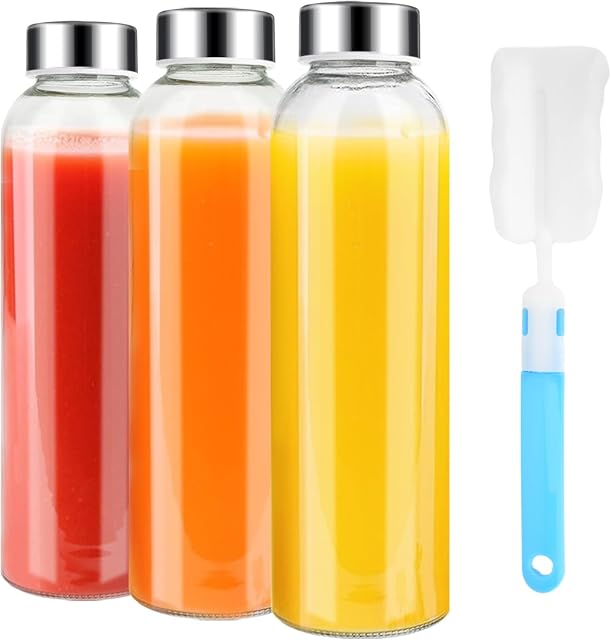 Luxfuel 18 oz Bouteilles d'eau en verre avec lids, 3 Pack de bouteilles de jus en verre transparent réutilisable avec des lids en acier inoxydable pour le jus, les smoothies, le lait, le thé glacé & Ginger Shots, fuite-proof, sans BPA