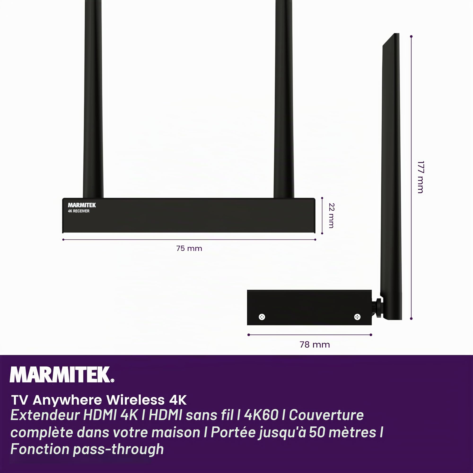 Marmitek TV Anywhere Wireless 4K - Extender HDMI sans fil 4K60 USB KVM | Émetteur récepteur HDMI jusqu’à 50 m à travers murs, loopthrough, retour IR, USB KVM pour clavier souris, TV et projecteur
