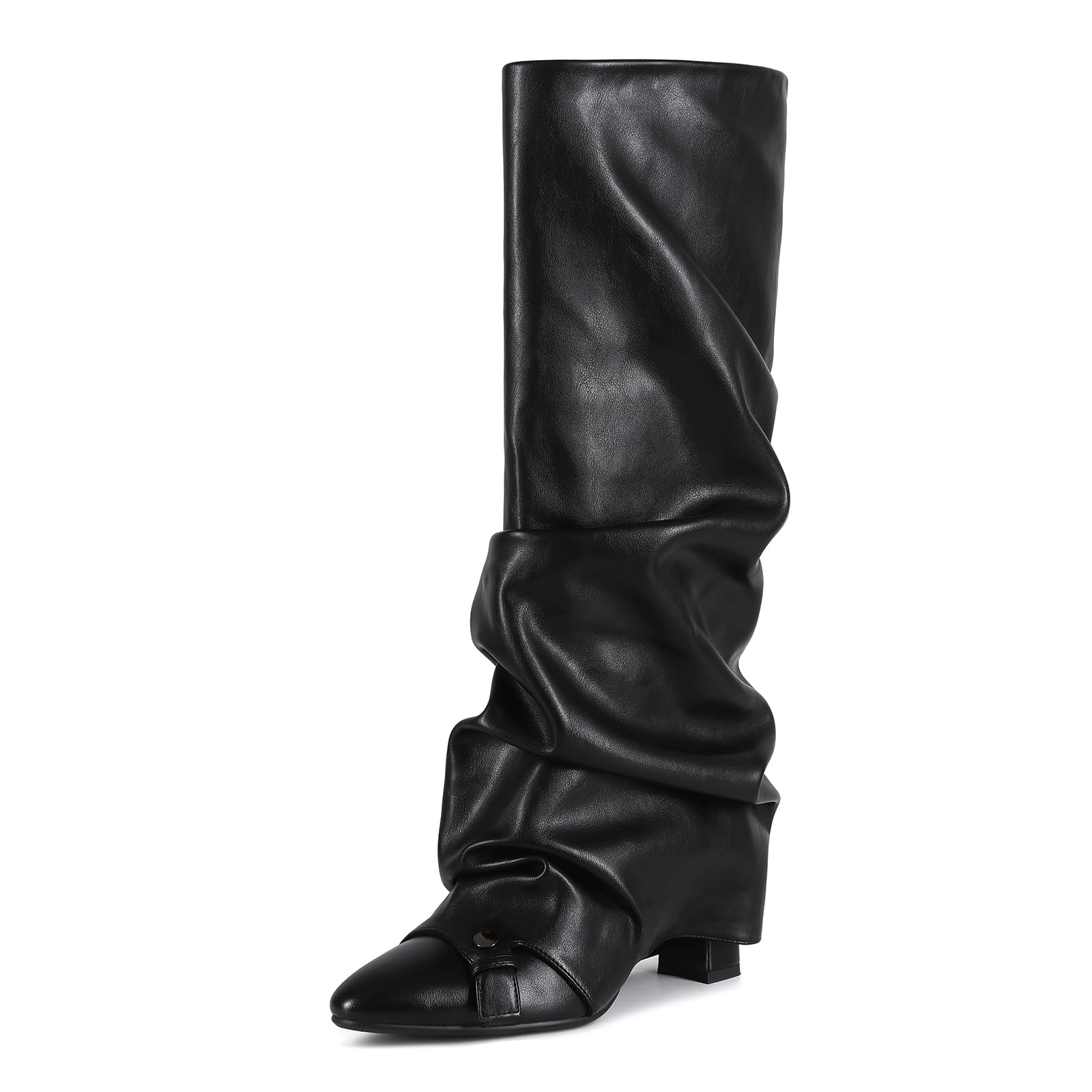 Womens Knee High Boots Slip On Pointed Toe Folded Block Heel Boots Comfortable Party Date Dress Boots