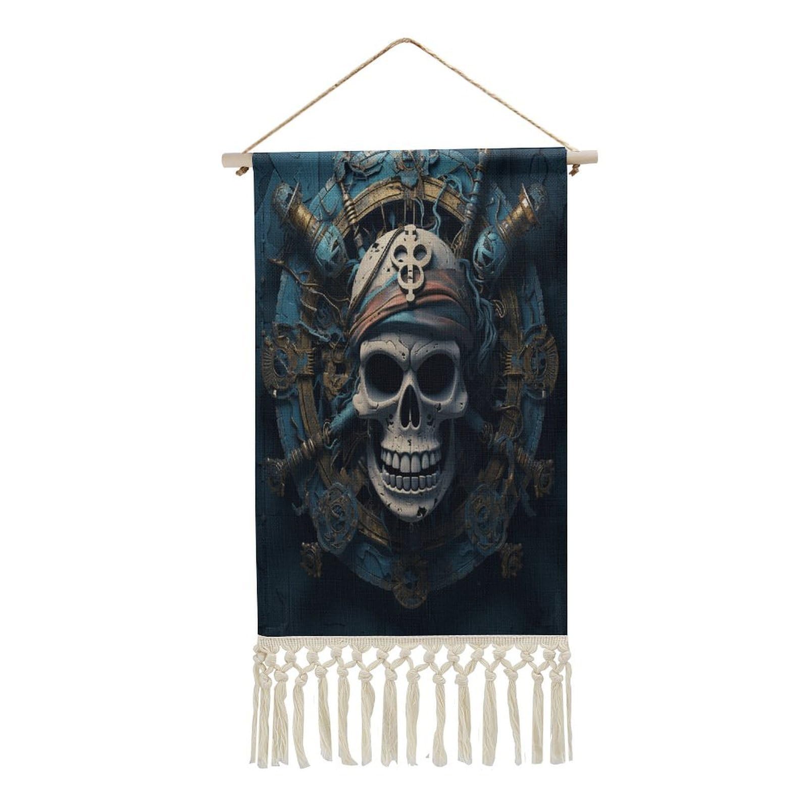Adfgyerh Style Skeleton Pirate Tapestry With Tassels Cotton And Linen Hanging Posters, Wall Art For Travel Gift, Wall Tapestry For Office Home Decor Bedroom Living Room Decor