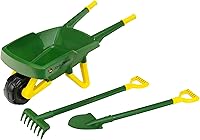 John Deere Wheelbarrow Set for Kids - 3pc Green Yellow Gardening Toy with Shovel Rake, Pretend Play Ages 3+ Indoor Outdoor