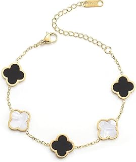 سوار الحظ بتصميم زهرة البرسيم استنالس مطلي بالذهب عيار 18 قيراط للنساء من فيروز جوليري ، أساور على شكل زهرة بأربع أوراق شجر عصرية هدايا مجوهرات للنساء والفتيات المراهقات