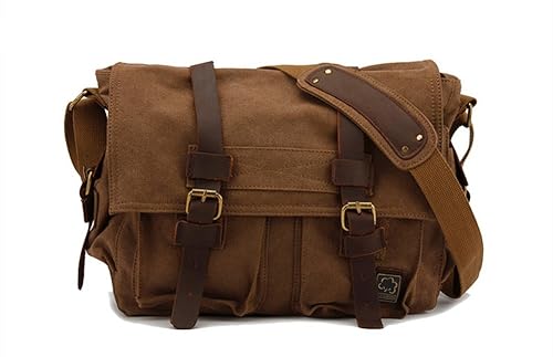 Sechunk Vintage Military Leather Canvas Laptop Bag Messenger Bags Medium