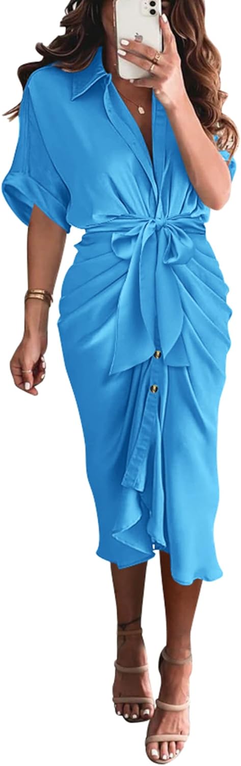 BTFBM Women Button Down Ruched Shirt Dresses Satin Short Sleeve Lapel V Neck Summer Maxi Dress 2025 Party Wedding Guest