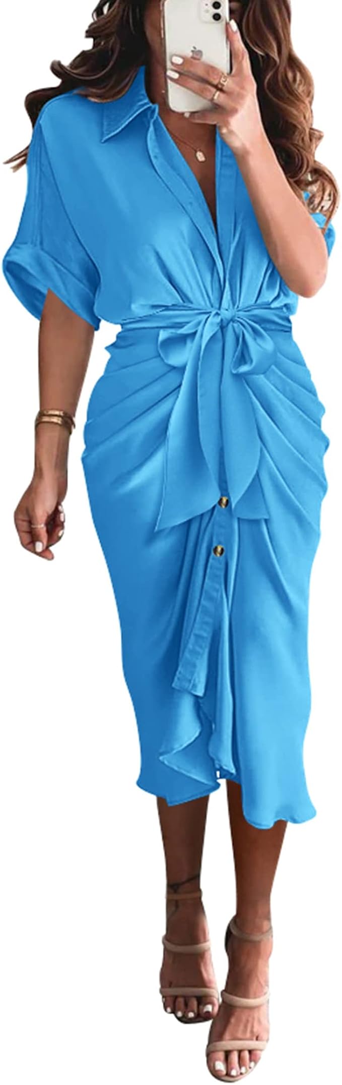 BTFBM Women 2023 Long Sleeve Lapel V Neck Button Down Satin Dress