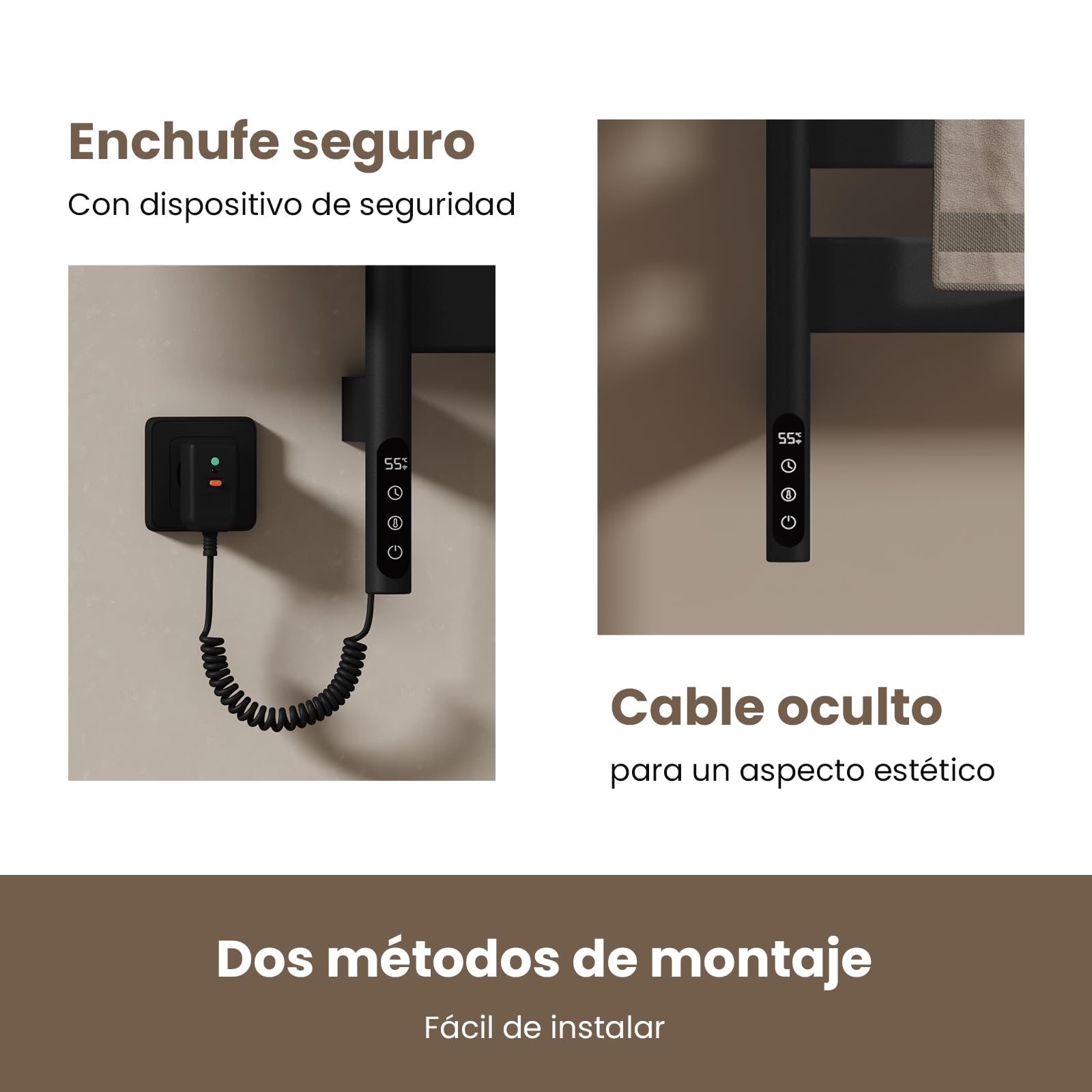 EMKE Toallero Eléctrico de Baño, Toallero Giratorio a 180°, Toallero Inteligente con Wi-Fi, Toallero Eléctrico 120W, Negro, 760x450x140 mm