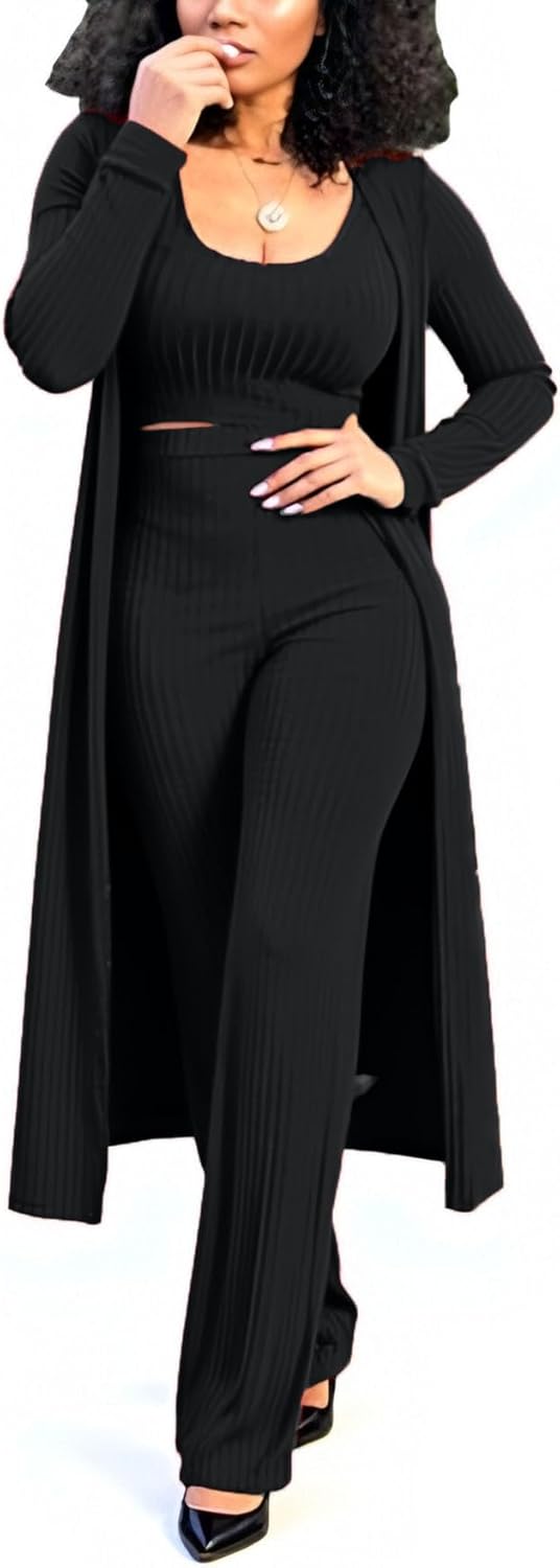 LKOUS Womens 3 Piece Lounge Sets Tank Tops Stretch Pants and Open Front Long Cardigan Loungewear 2026 - Image 8