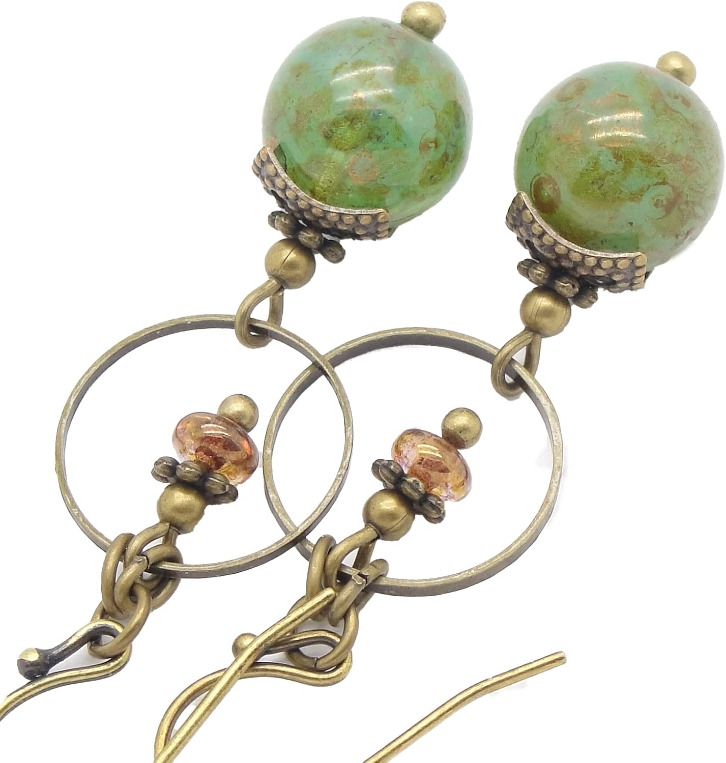 Green Dangle Earrings in Bohemian Marbled Glass