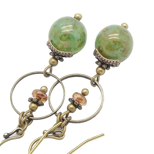 Green Dangle Earrings in Bohemian Marbled Glass