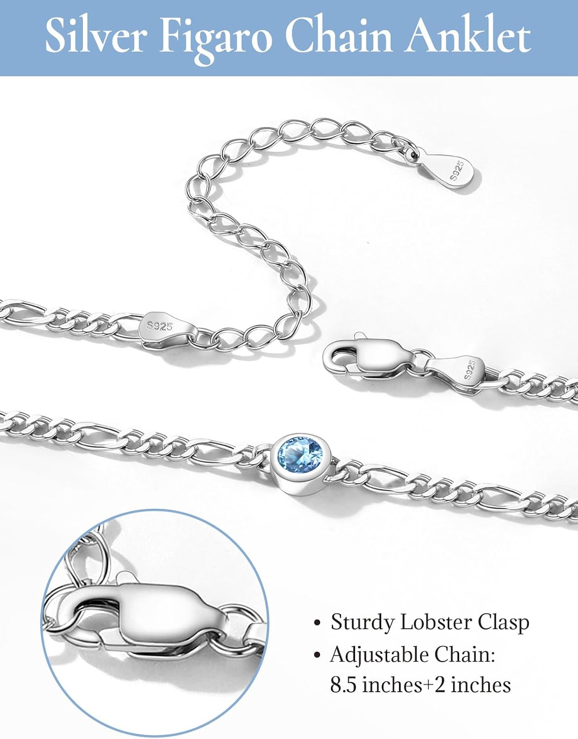 U7 SILVERCUTE Sterling Silver Anklets for Women, Large Heart/Round Birthstone Ankle Bracelet with Figaro Chain, Waterproof Summer Beach Foot Jewelry Length 8.5"-10.5"