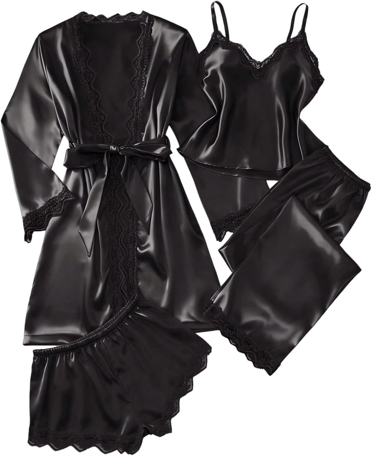 OYOANGLE Women's 4 Piece Silky Satin Pajama Set Cute Pjs Lace Cami Top Shorts Pants Sleepwear Belted Robe Lounge Set