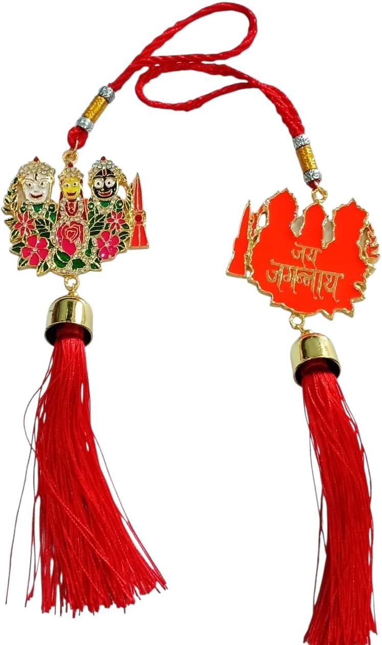 The Great Indian Store Metal Lord Jagannath, Balaram & Subhadra Idol Car Hanging Wall Ornament with Red Tassel Decorative Accessory Pack of 1