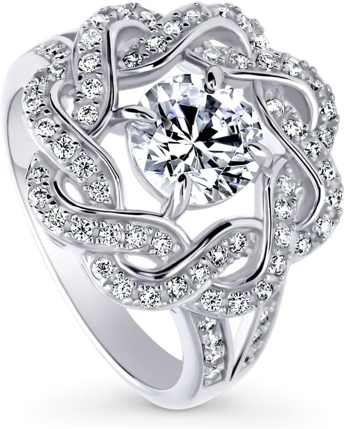 BERRICLE Sterling Silver Flower Cubic Zirconia CZ Woven Cocktail Fashion Split Shank Ring for Women, Rhodium Plated Size 4-10