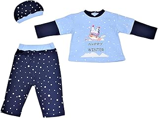Lumex Cotton Set of 3 Pieces Long Sleeves Sweatshirt,Pants&Hat Embroidered Happy Winter For Girls-Baby Blue&Navy-3-6Month