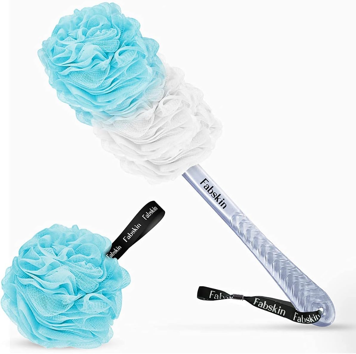 Luxury Bath Loofah Duo Pack - Loofah Sponge and Loofah Brush With Plastic Handle | Loofah for Bathing for Women & Men | Bath Brush Body Back Scrubber For Bathing (Blue and White)
