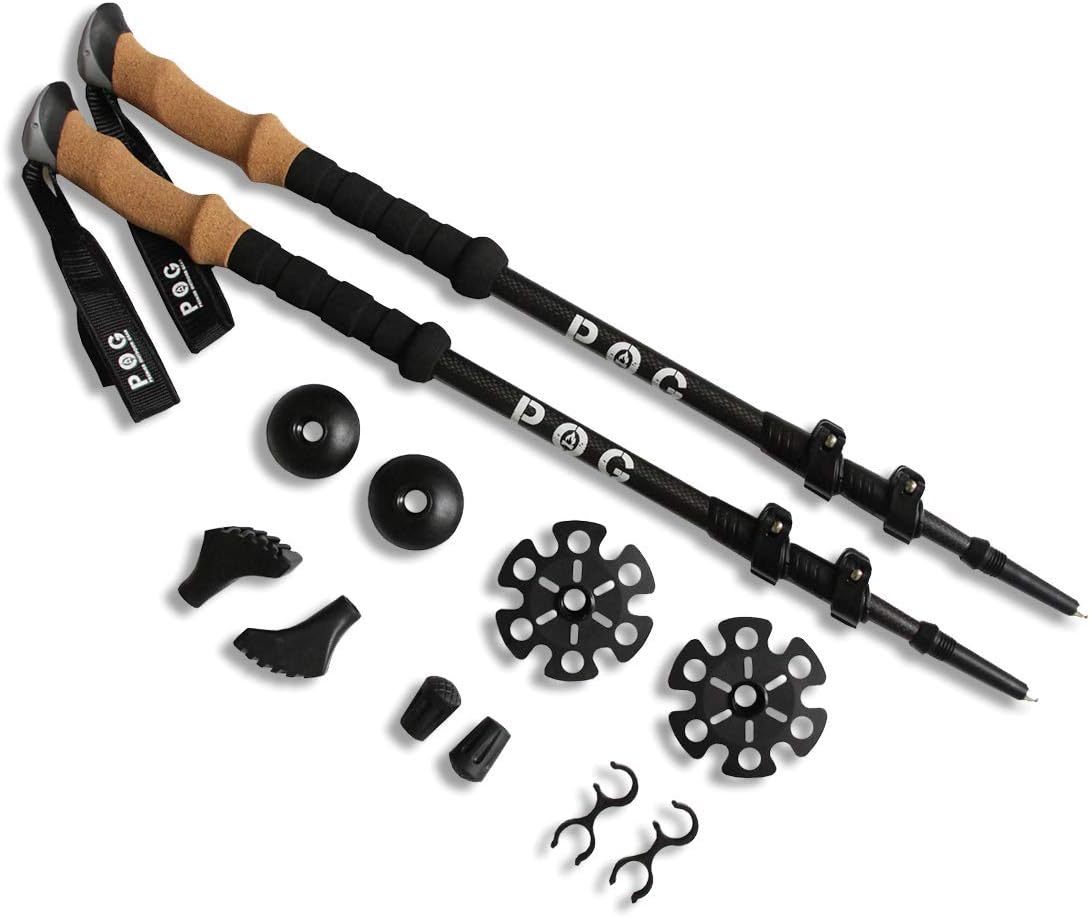 Collapsible Hiking Poles - 2 Pack Lightweight Adjustable Trekking or Walking Sticks - Compact Carbon Fiber with Natural Cork Grips, Quick Locks - for Men & Women