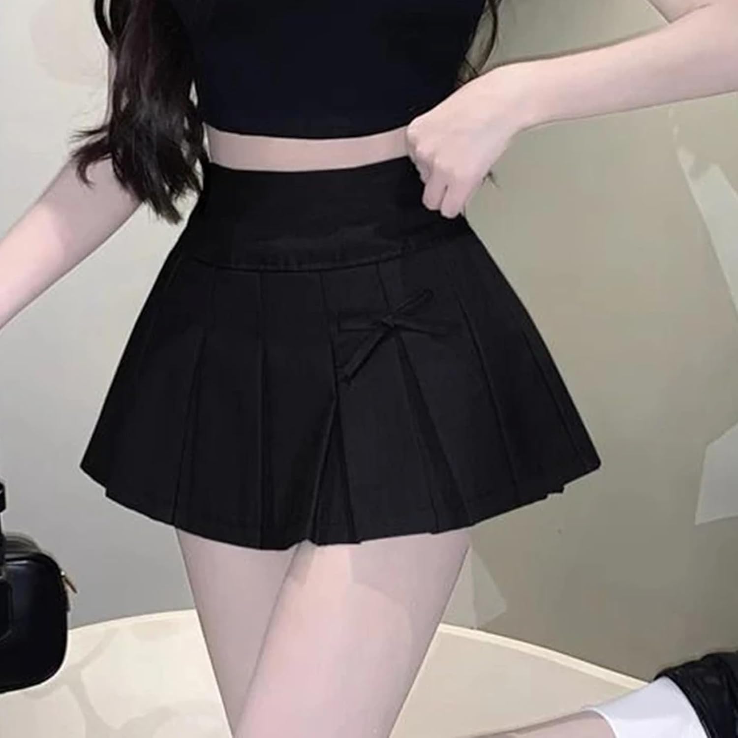 Bow Decor Pleated Mini Skirt for Women High Waist Short Streetwear Dance Tennis A Line Skirt