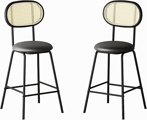 Mjkone Juego de 2 taburetes de bar de cuero de 24 pulgadas para interiores y exteriores, silla de comedor con respaldo de ratán, taburete de bar con
