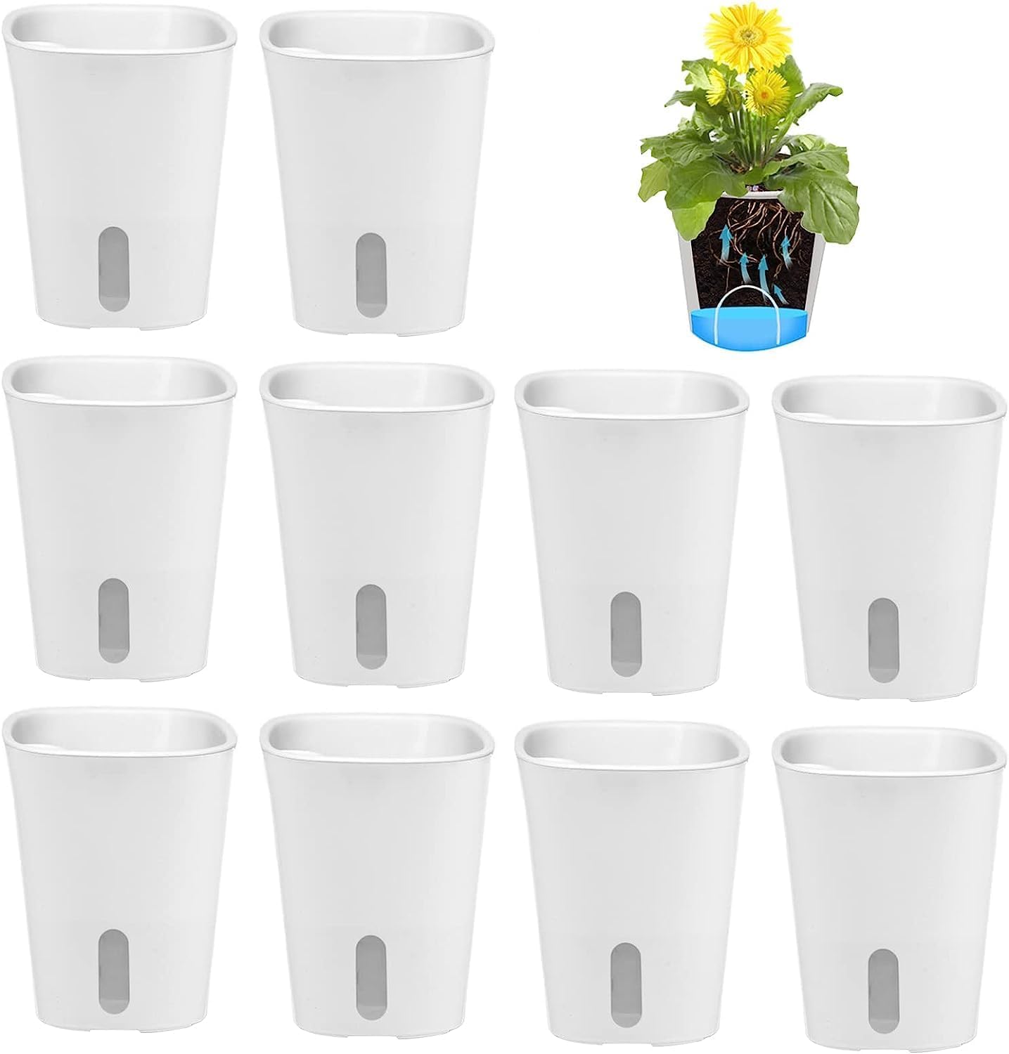 LATRAT 10-częściowy zestaw samonawadniających się doniczek, plastikowe doniczki na kaktusy, mini doniczki z systemem knotów, małe doniczki do roślin pokojowych, okrągłe, białe