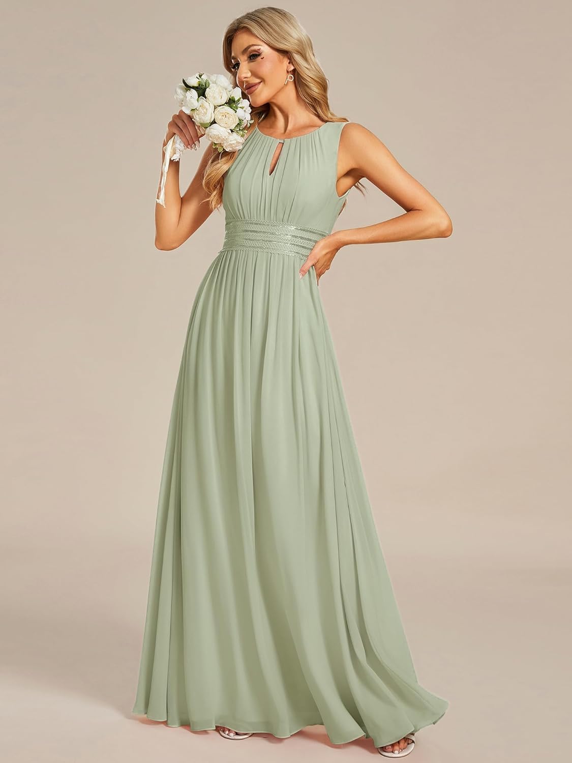 Ever-Pretty Women's Chiffon Sleeveles Bridesmaid Dress Ruched A Line Hollow Out Crew Neck Formal Wedding Guest Dresses