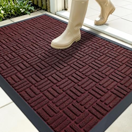 Image of OLANLY Front Door Mat Outside Entrance 35x23, Absorbent, Heavy Duty Sturdy Natural Rubber Doormat Indoor Outdoor, Non-Slip, Stain and Fade Resistant, Low Profile Floor Mat for Entryway, Burgundy